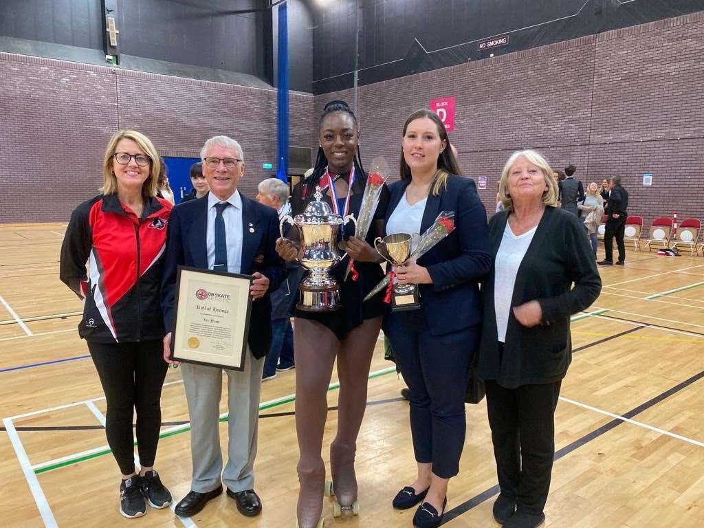 From left to right: Coach Lisa Howard, Coach Vic Pratt, Cameron Arnold, Coach Victoria Jefferson and Head Coach Jennifer Barker.  Image: Medway Roller Dance