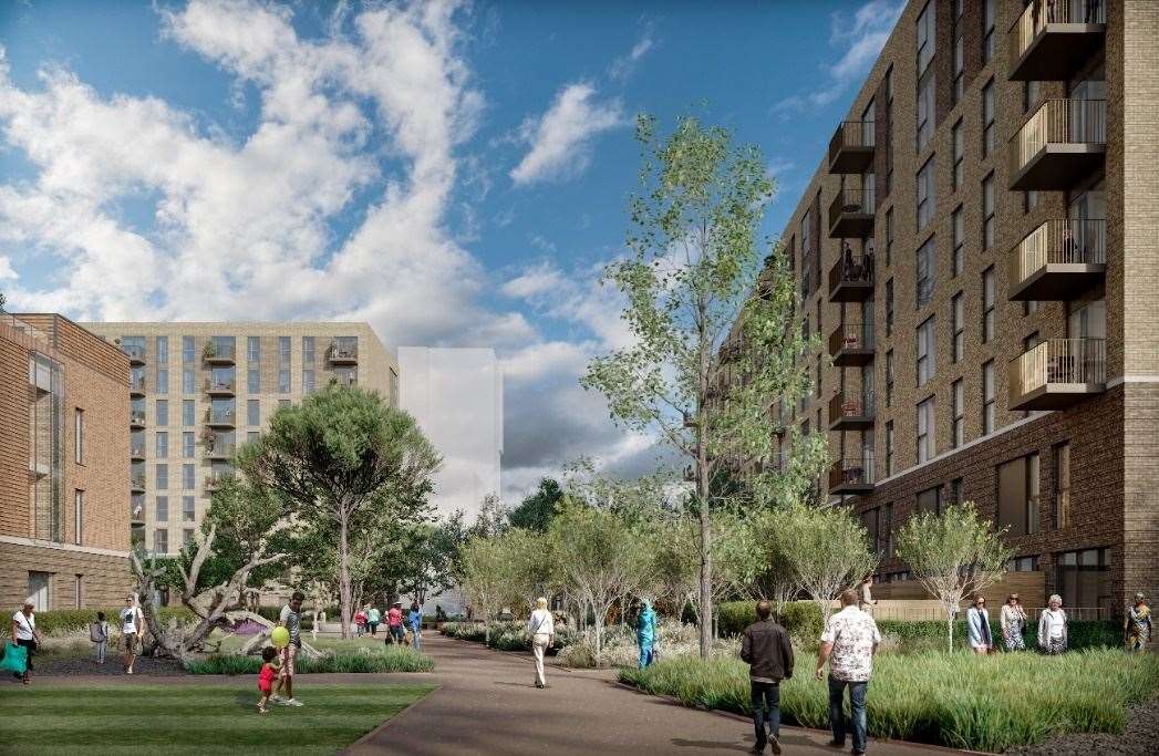 An artist's impression of the latest phase of the Chatham Waters development for 237 homes on affordable housing schemes which will be based around a new park. Picture: Peel L&P