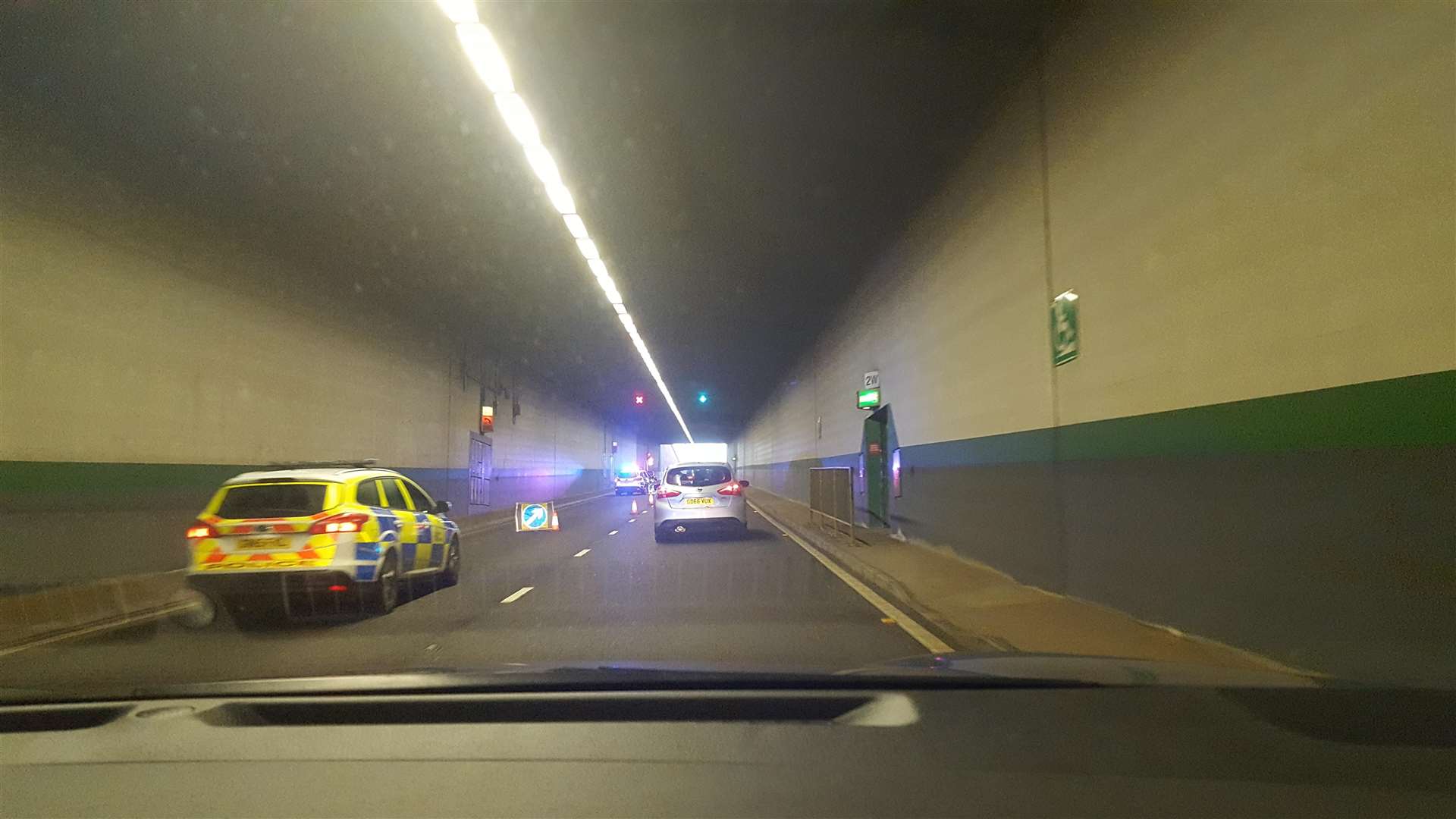 Traffic queuing in the Medway Tunnel this morning