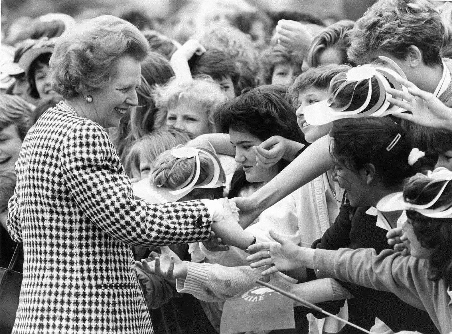 Margaret Thatcher on a visit to Walderslade Secondary School in June 1987