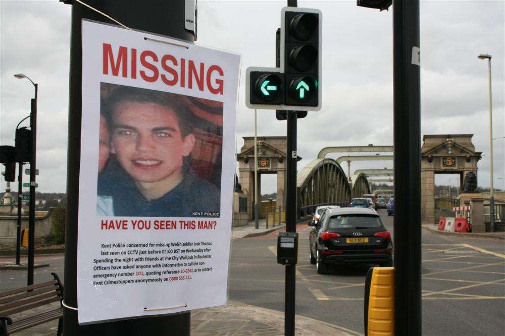 A poster put up at Rochester Bridge by friends of missing soldier Josh Thomas
