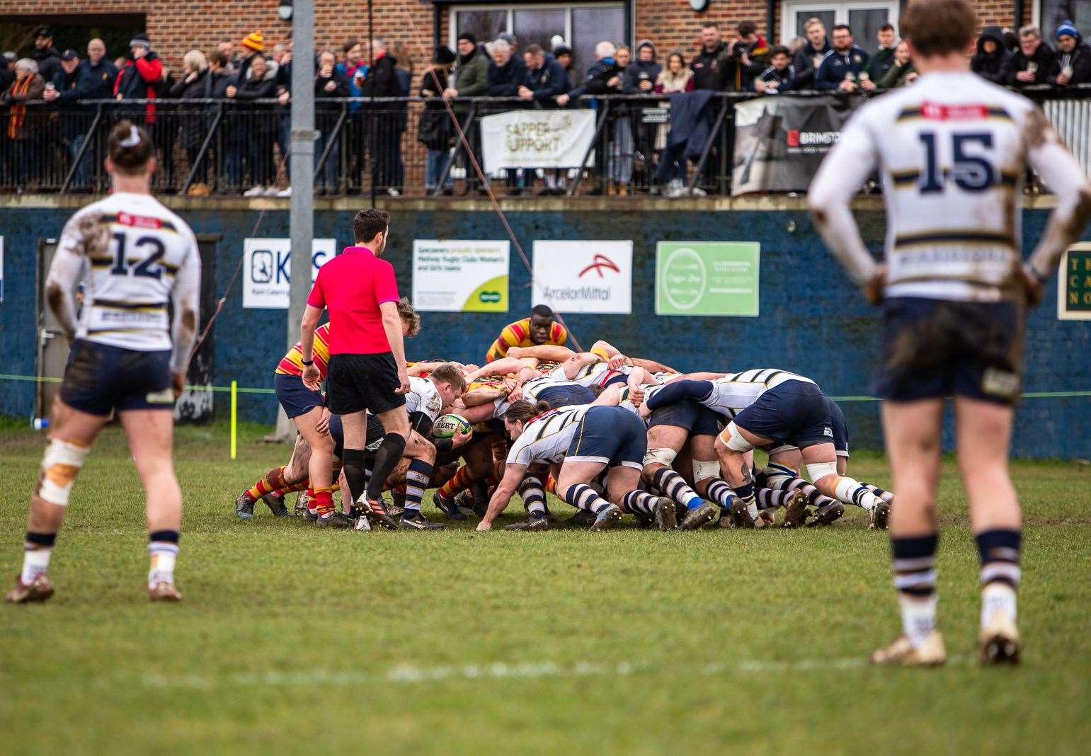 Tunbridge Wells scrum and crowded clubhouse at Medway for their final league game of the season