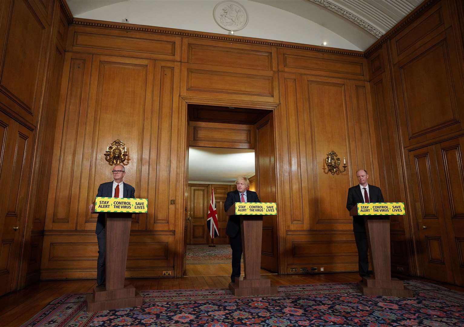 (left to right) Chief scientific adviser Sir Patrick Vallance, Prime Minister Boris Johnson and chief medical officer Professor Chris Whitty during a media briefing in Downing Street (Pippa Fowles/10 Downing Street/Crown Copyright/PA)