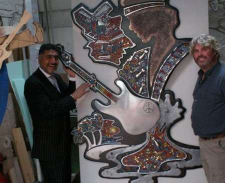 James Caan and Guy Portelli with Jimi Hendrix sculpture.