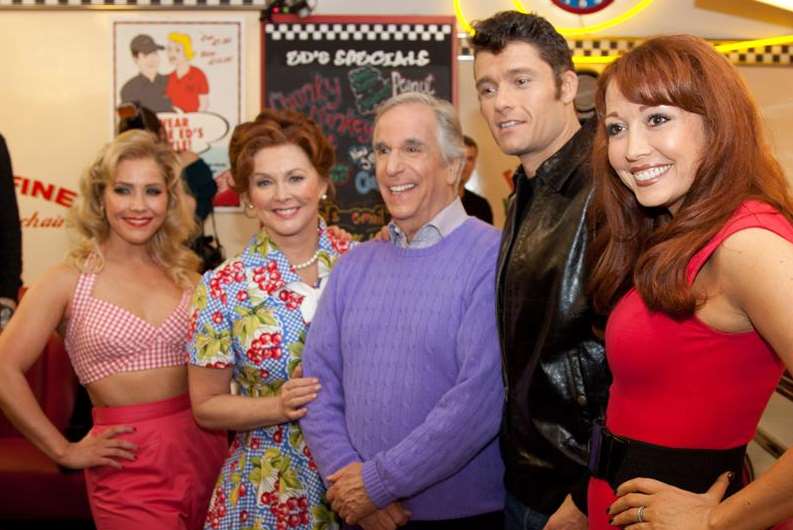 Henry Winkler lines up alongside the cast of Happy Days - A New Musical, including Heidi Range, Ben Freeman and Cheryl Baker