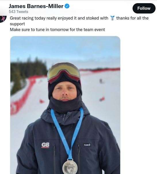 Kent snowboarder James Barnes-Miller with his silver medal. Picture: Twitter / @stubber89