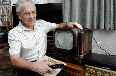 Brian Maley with his newly-converted 1950s television.