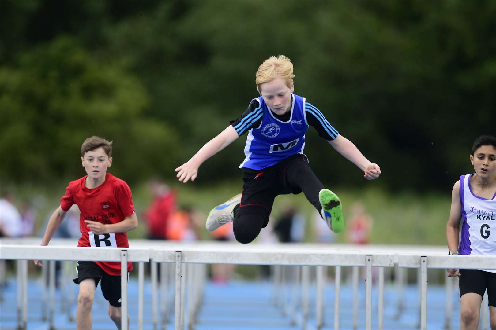 Under-13 75m hurdles with Alfie Walach (Swale Combined AC) Picture: Barry Goodwin
