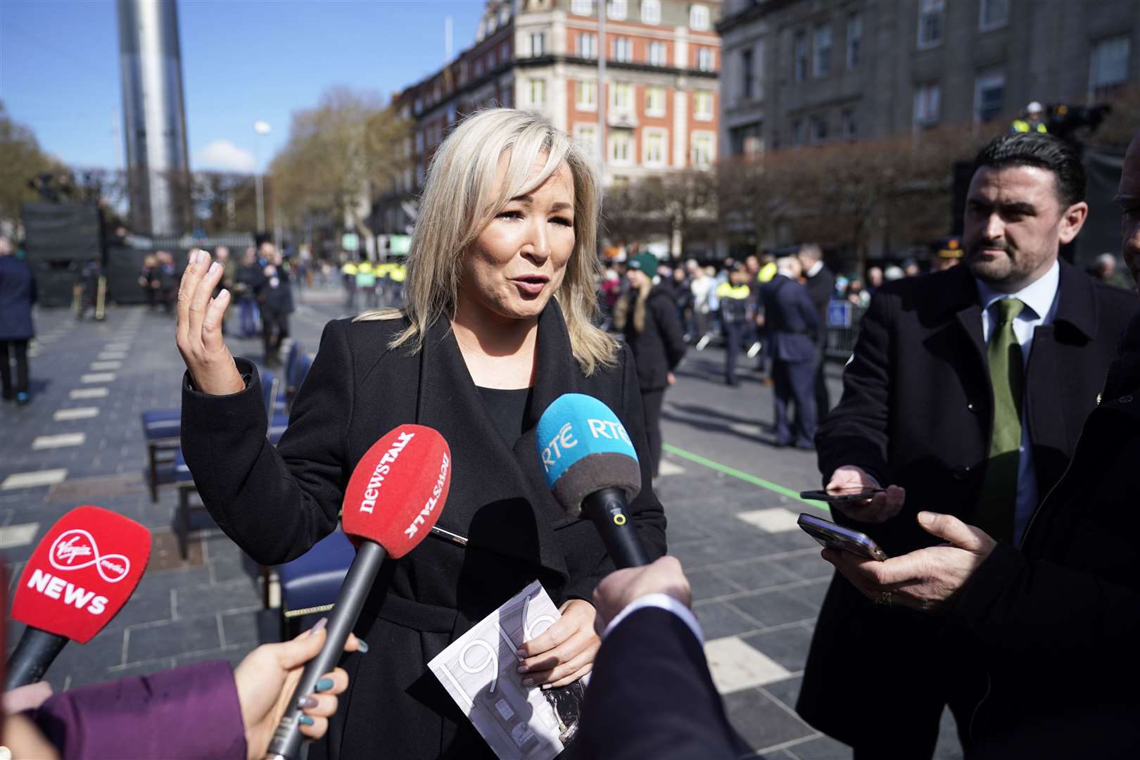 First Minister Michelle O’Neill speaks to the media following a ceremony at the GPO on O’Connell Street in Dublin to mark the anniversary of the 1916 Easter Rising (PA)