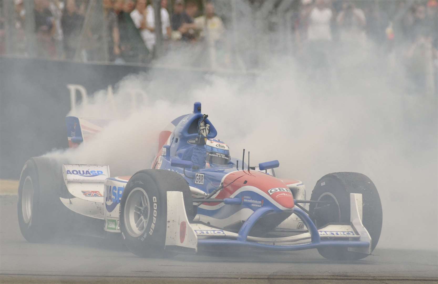 Team GB's Robbie Kerr performs end-of-season doughnuts after the feature race in 2008. Picture: Andy Payton