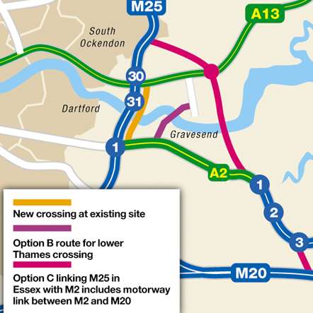 Map showing some of the options for a lower Thames crossing