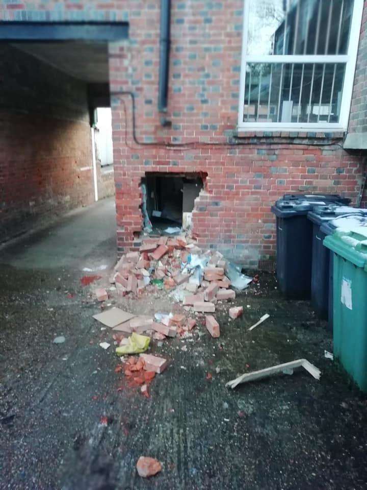 Damage to the rear of Staplehurst post office, where a safe was dragged out. Picture: Grant Broomfield (6974101)