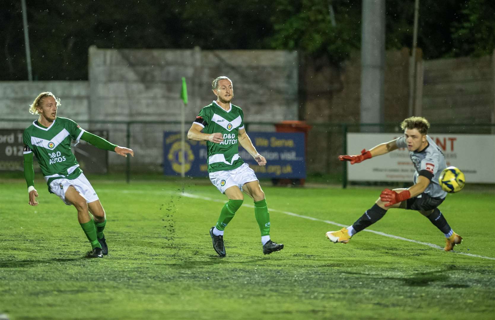 Charlie Dickens puts Ashford 2-1 up against AFC Sudbury. Picture: Ian Scammell