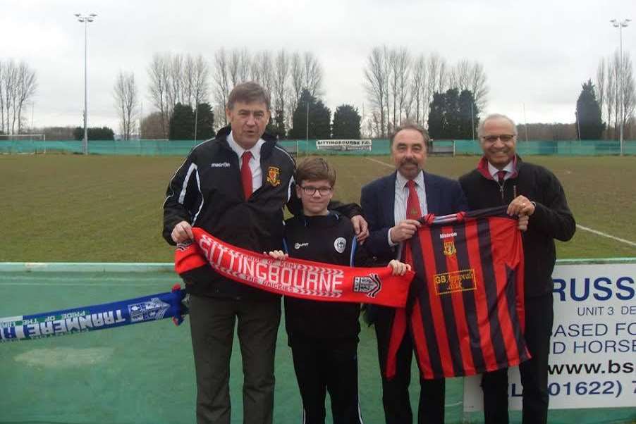Sittingbourne FC chairman Maurice Dunk, Alfie's brother Cameron, club secretary John Pitts, and vice chairman Ken Medwyn