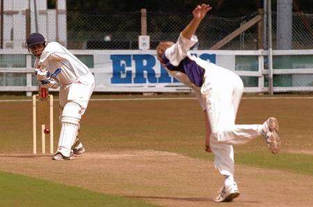 Lordswood batsman Nathan Moore plays defensively to a ball from Gore Court's Adam Collins