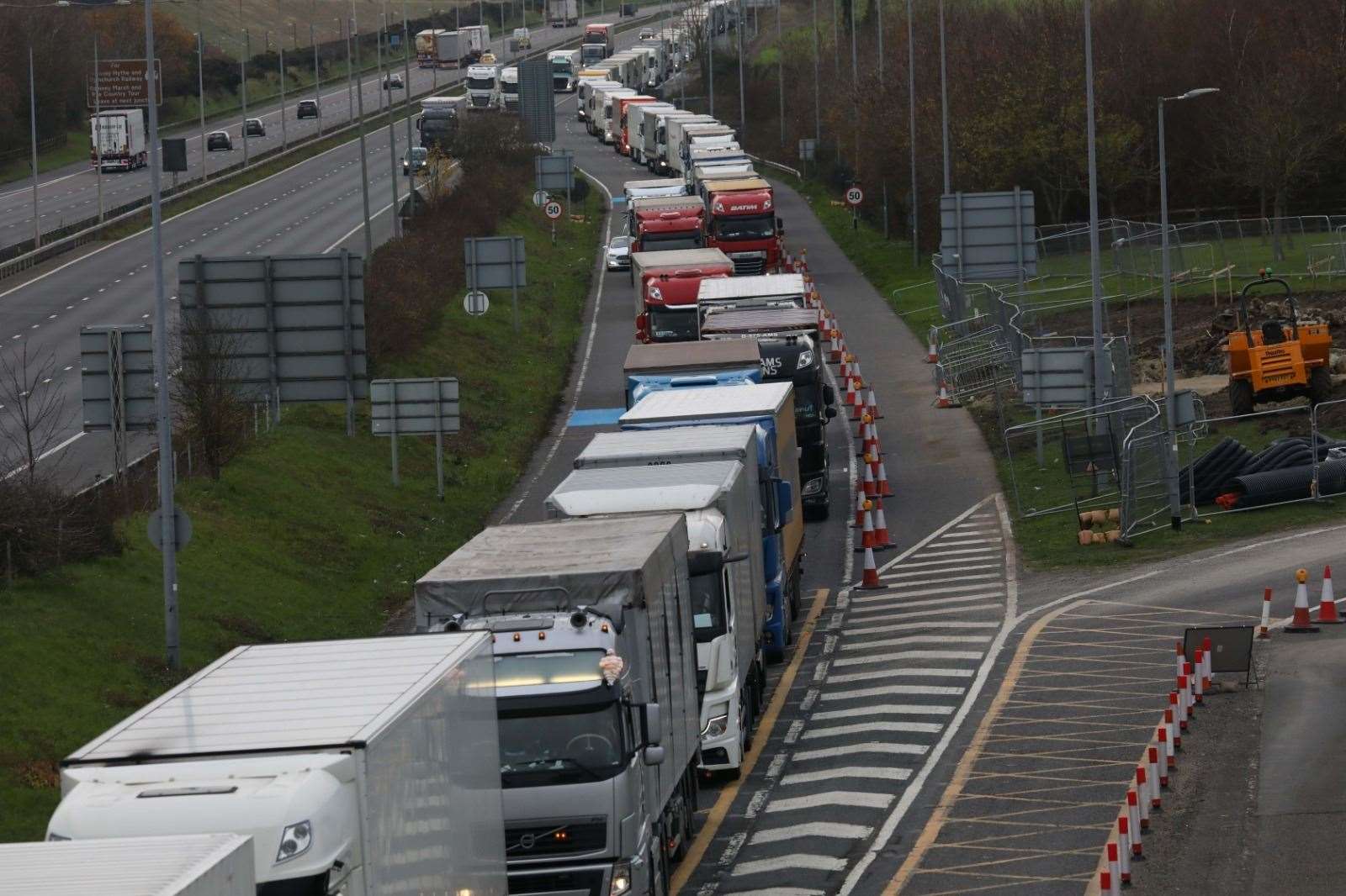 The queue of freight vehicles into Eurotunnel is stretching back to Junction 11. Picture: UKNip