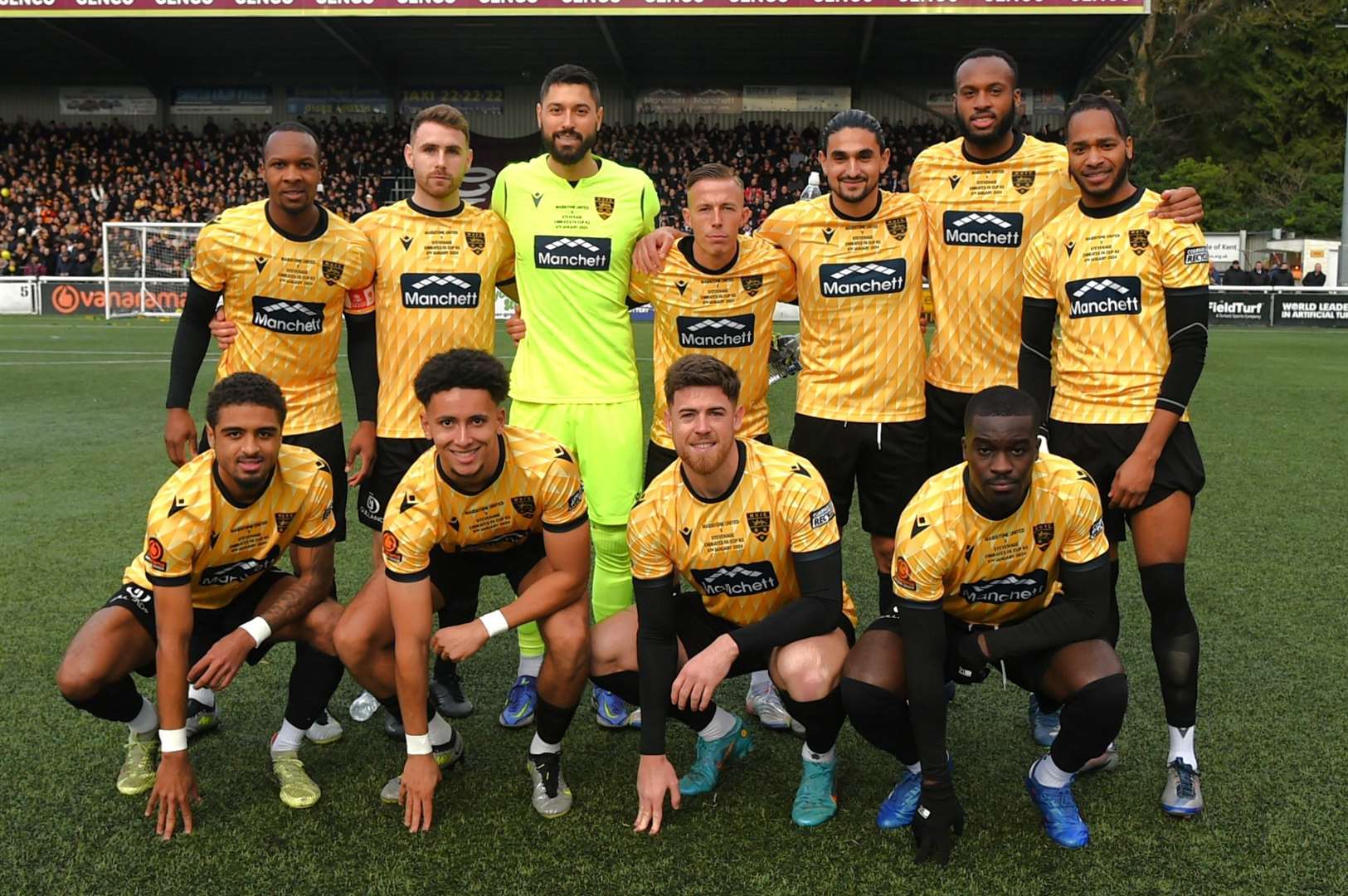Maidstone United, pictured before their historic win over Stevenage, will discover their FA Cup fourth-round opponents tonight. Picture: Steve Terrell