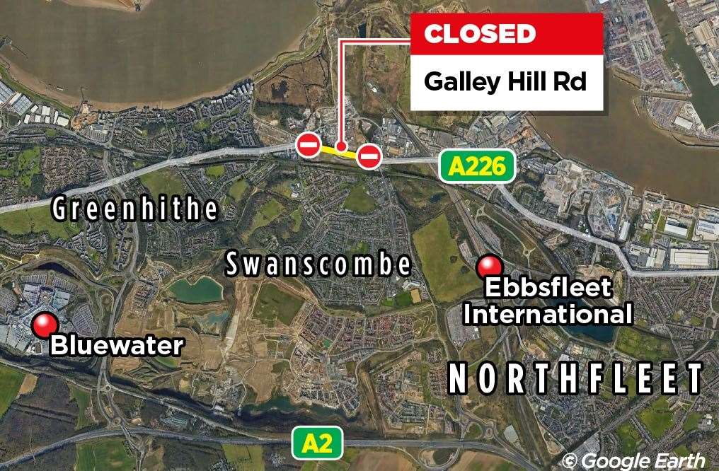 Graphic showing the closed section of A226 Galley Hill Road between Swanscombe and Northfleet.