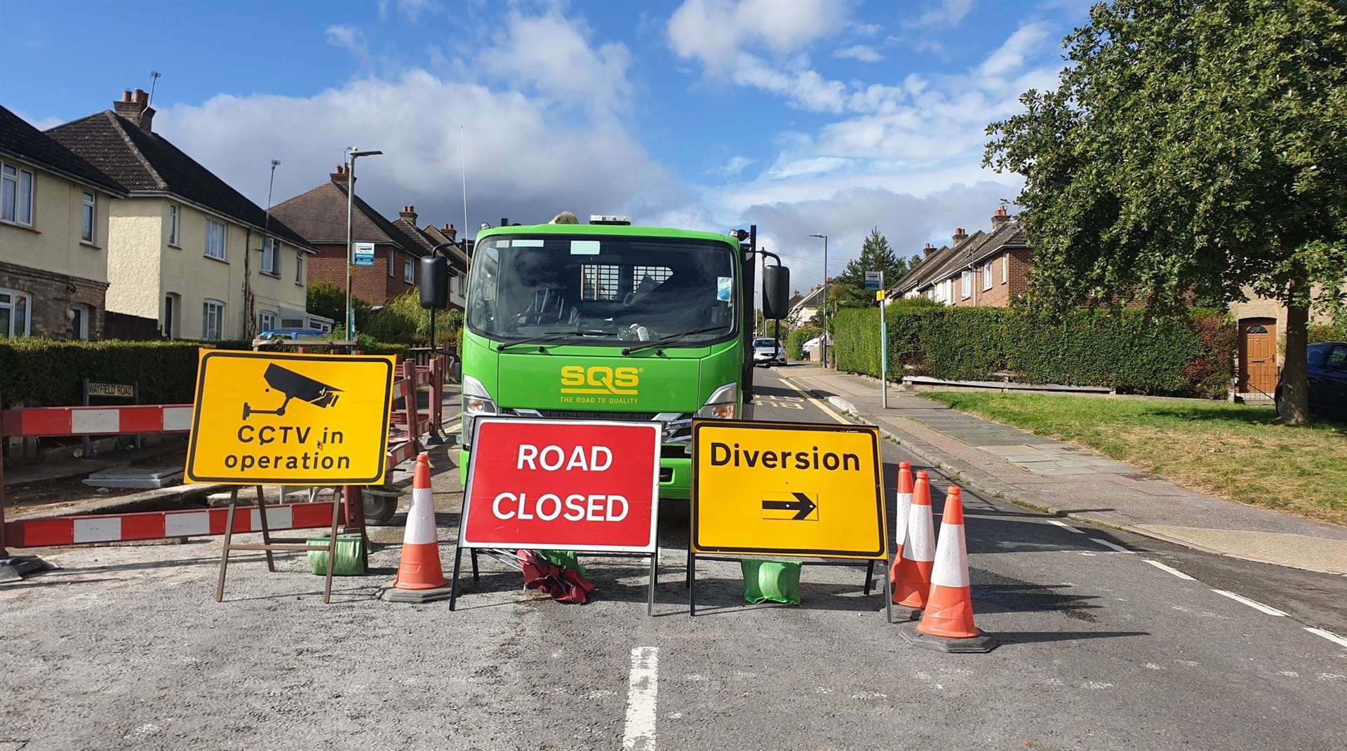 The diversion set up at the road closure on Wayfield Road