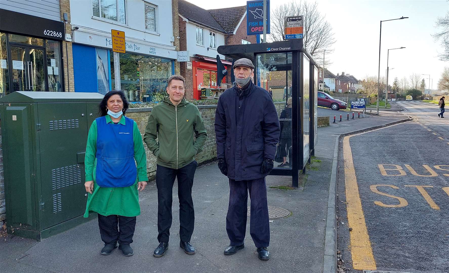 Shop owners Bella Patel and Matthew Hall with Cllr Howard Turner (Ash Ind)