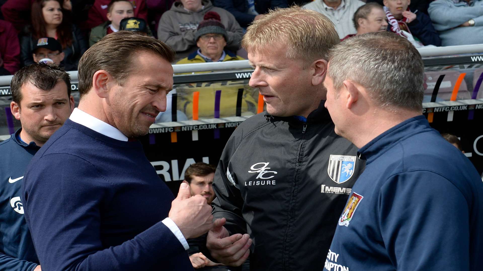 Ex-Gills boss Justin Edinburgh refuses to shake hands with Ady Pennock before kick-off Picture: Ady Kerry