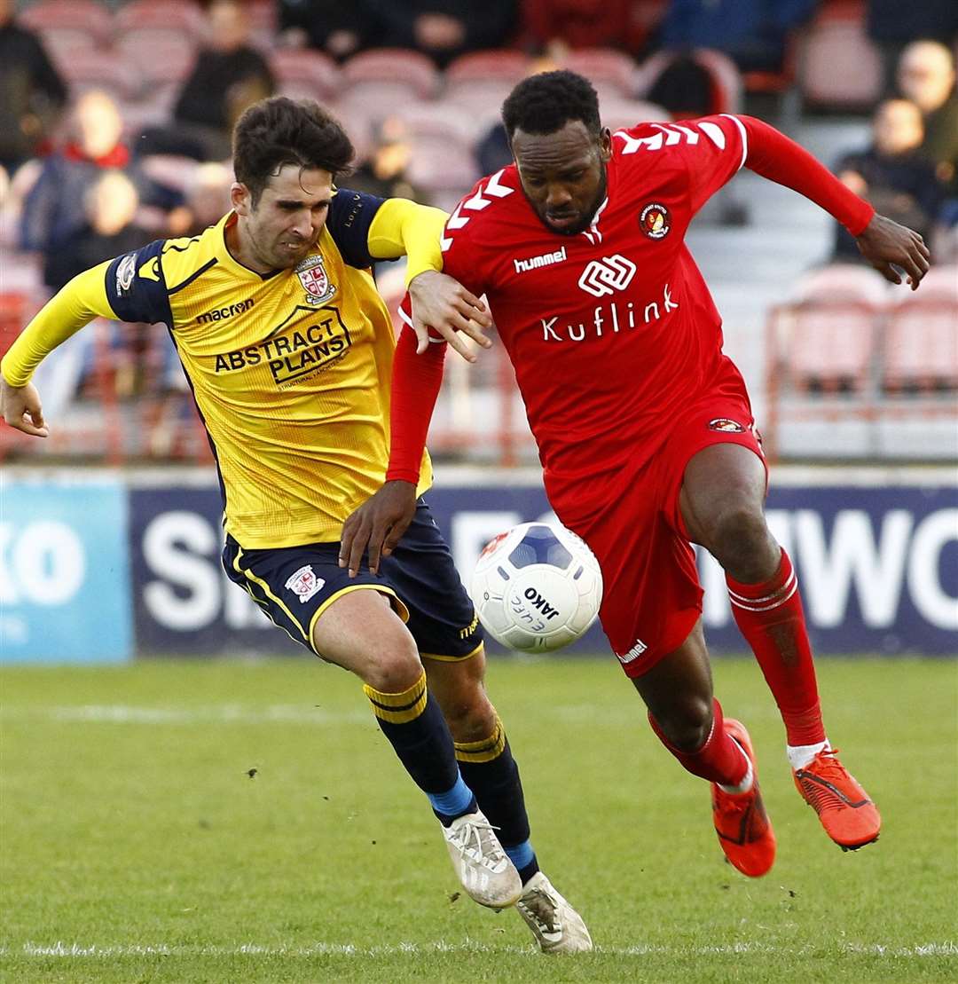 Ebbsfleet's Myles Weston, right, has returned to the sidelines – this time with a groin injury Picture: Sean Aidan