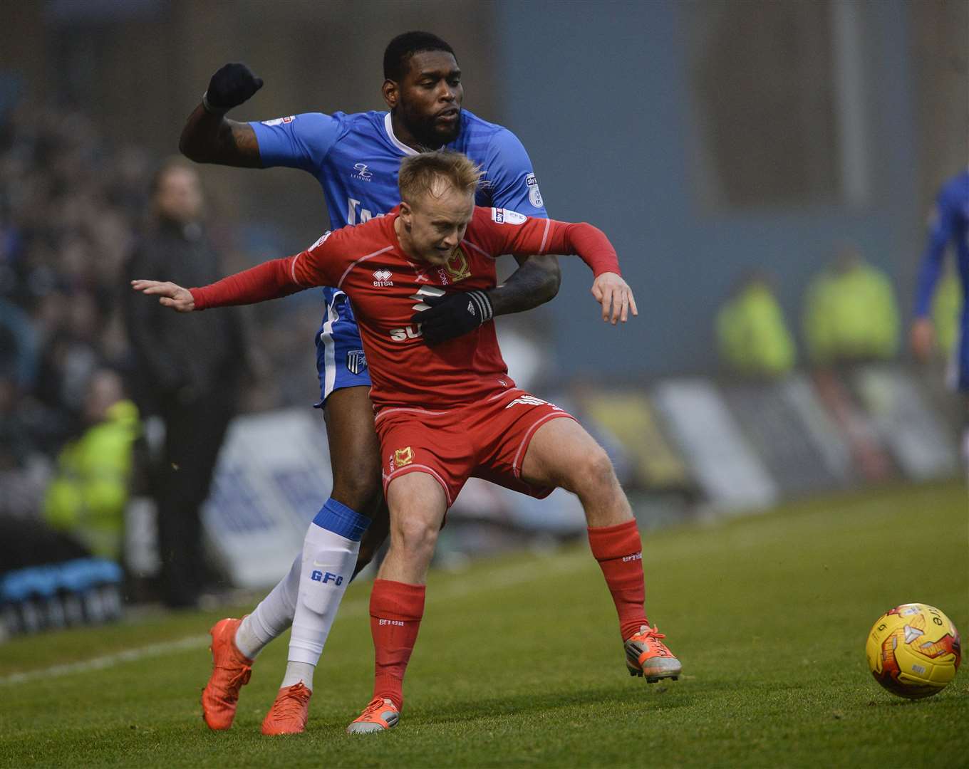 Ben Reeves keeps Jay Emmanuel Thomas at bay playing for MK Dons at Priestfield five years ago