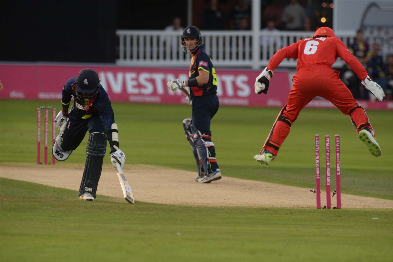 Daniel Bell-Drummond is run out at the start of Kent's innings during the Vitality Blast T20 match with Lancashire at the St Lawrence Ground. Picture: Chris Davey (3774605)