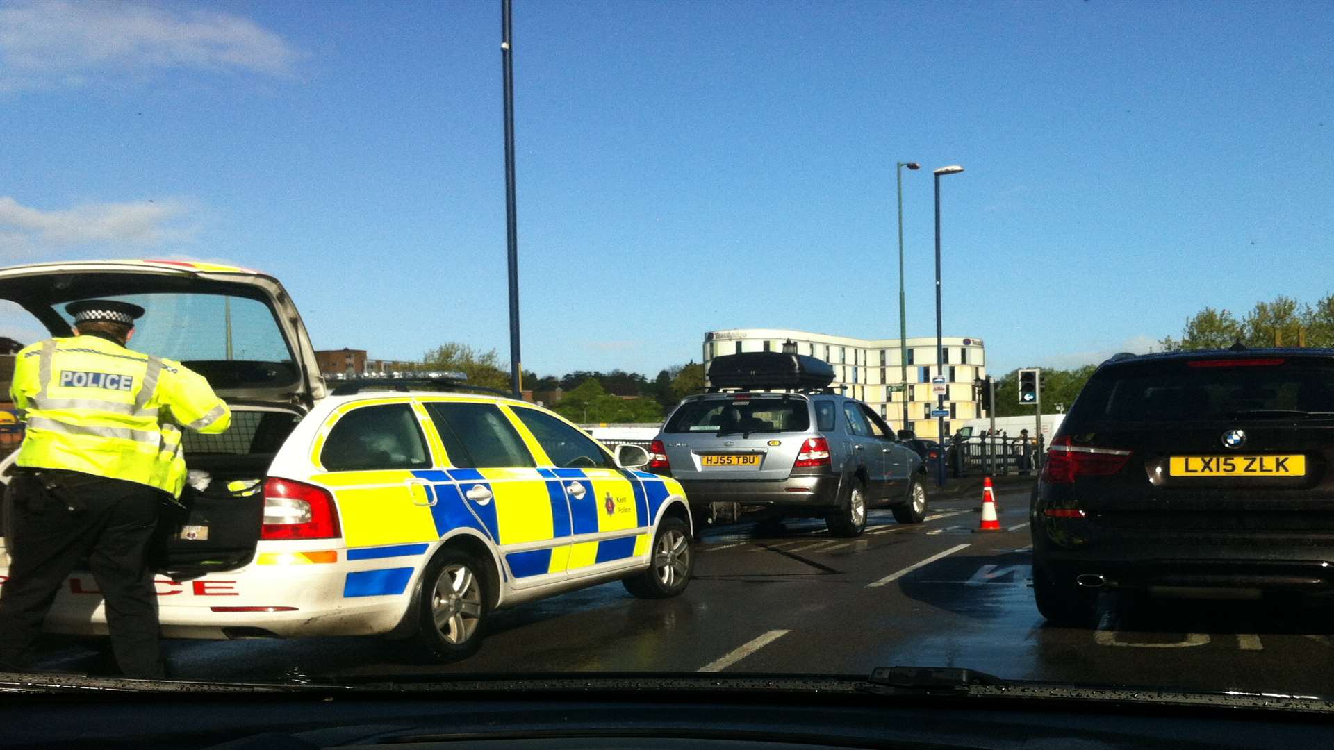 A broken down car is causing queuing traffic in Bishops Way