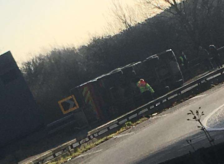 The overturned lorry on Junction 5 coastbound sliproad of the M2. Picture: Libby Christie