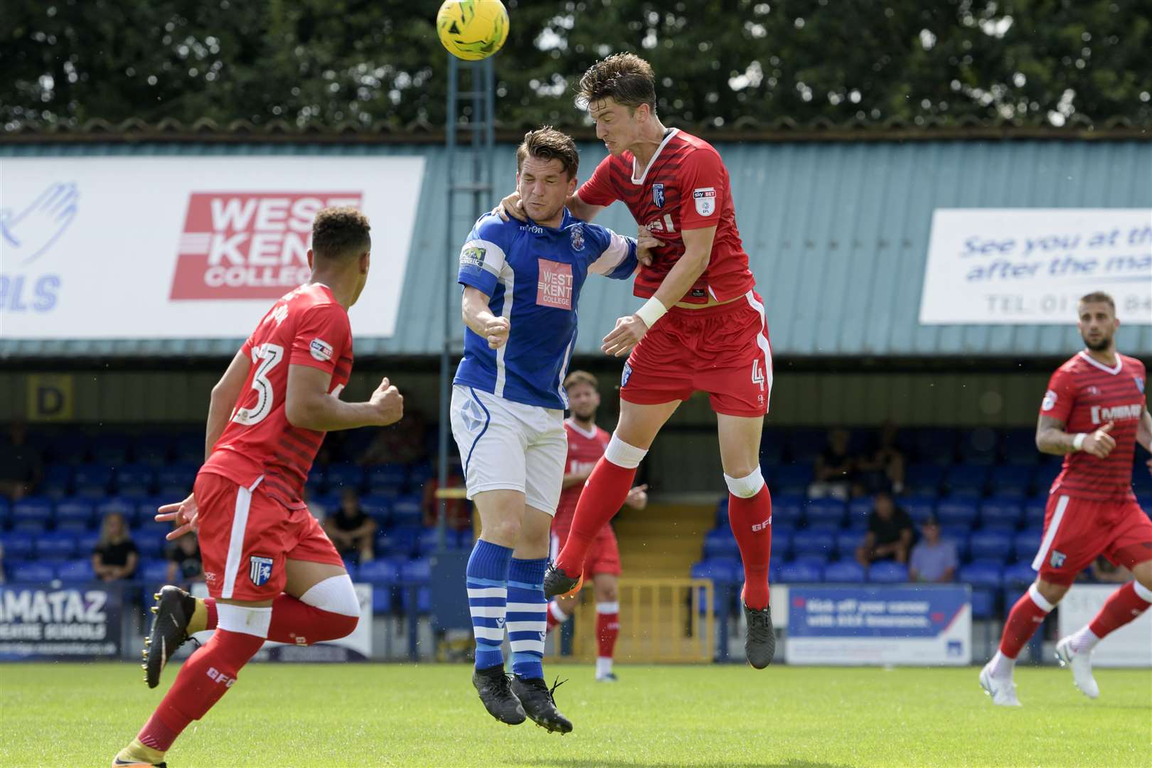 Alex Lacey gets to a high ball first. Picture: Andy Payton