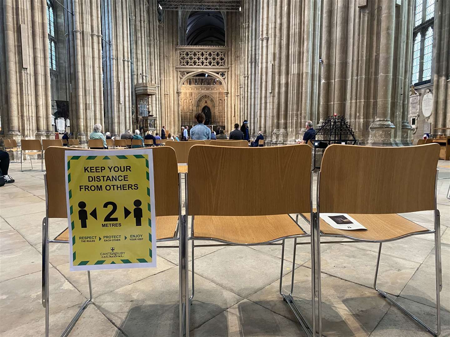 The first Sunday Eucharist service at Canterbury Cathedral after lockdown was led by Archbishop Justin Welby. Chairs were arranged so people could social distance, hand sanitiser stations were found throughout and donations were accepted through card payment.