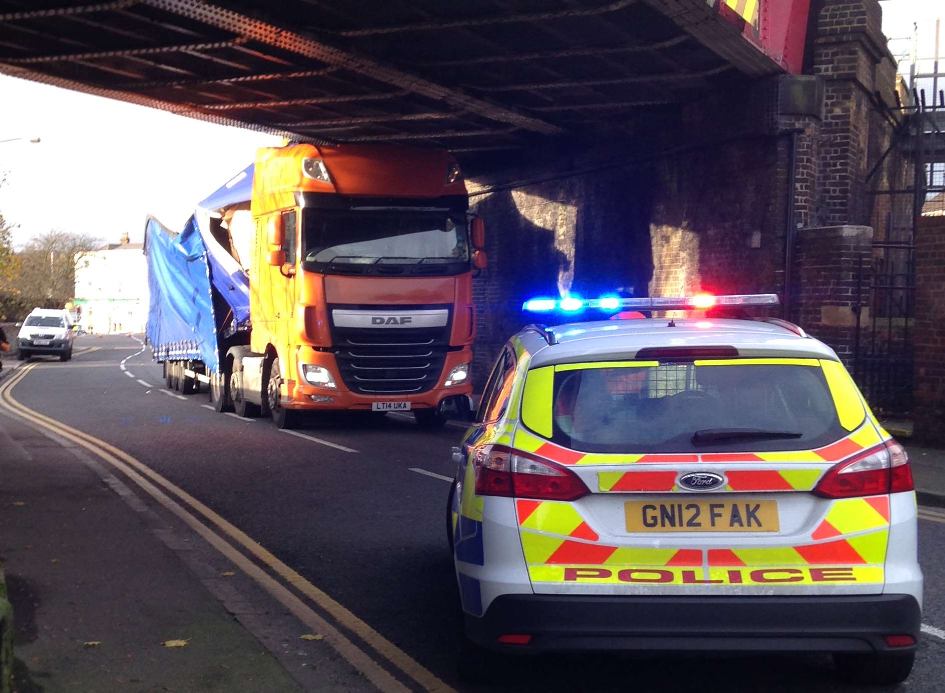 Lorry hits rail bridge in Gun Lane, Strood
