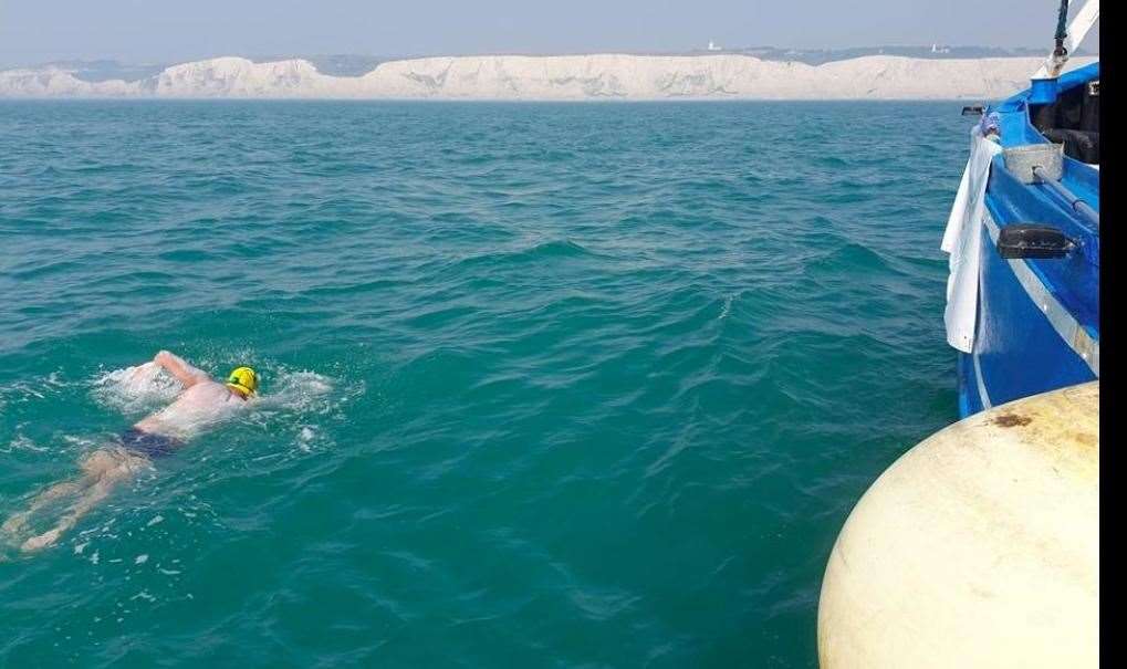 Rick Seirer in action as he swims towards the finish line in Dover