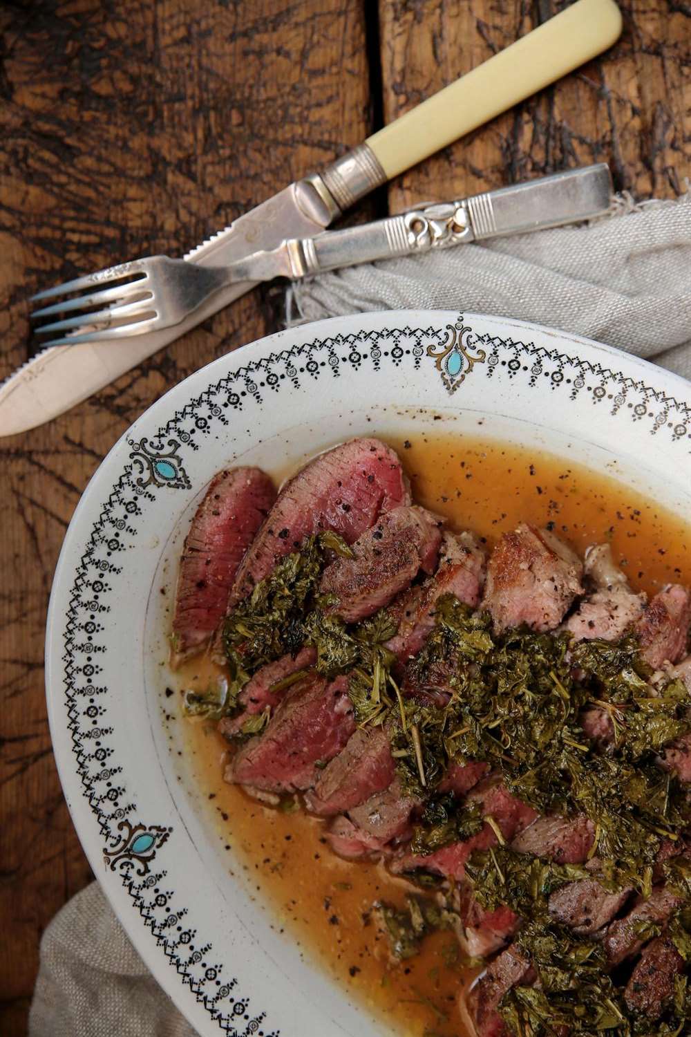 Lamb leg steaks with mint and apple cider sauce
