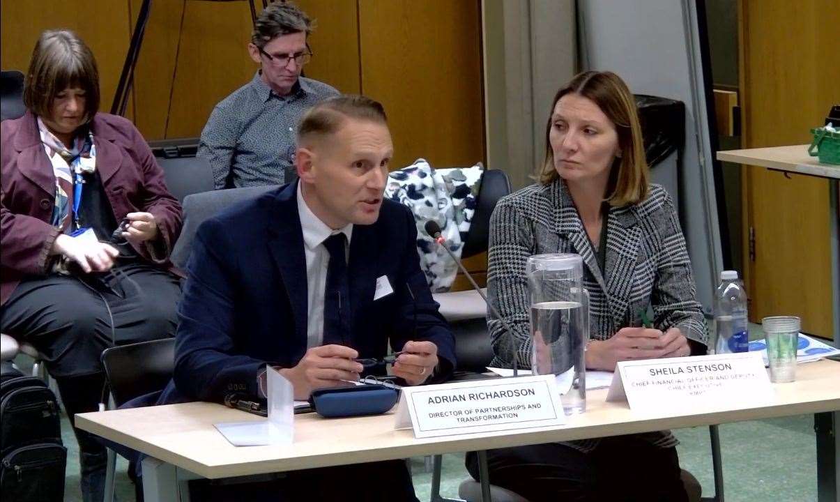 The trust's Adrian Richardson and Sheila Stenson answering questions at the health and adult social care overview and scrutiny committee