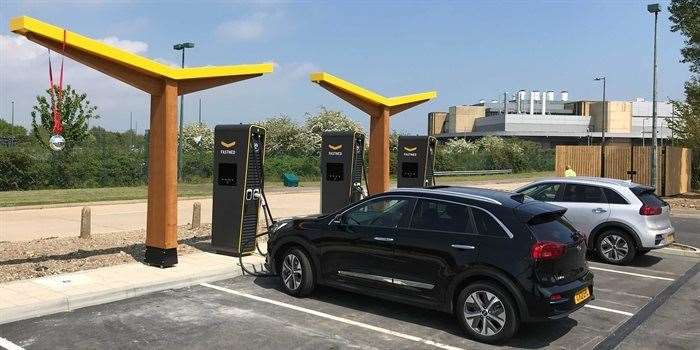 The new superfast electric vehicle charging hub has opened off Spitfire Way, Sandwich. Picture: Dover District Council