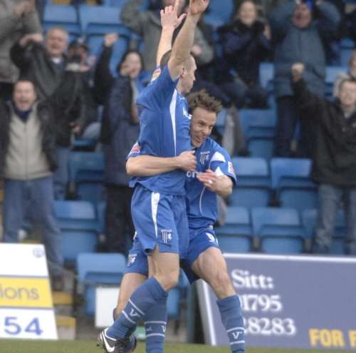 Andrew Crofts celebrates his opening goal with Mark Bentley. Picture: Grant Falvey