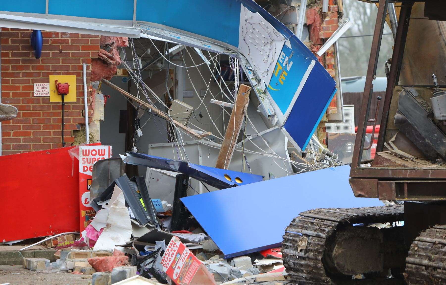 The extent of the damage to a petrol station in Staplehurst, after a digger ripped a cash machine from the wall