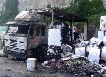 The remains of the lorry caught in the blaze. Picture: Keyan Milanian