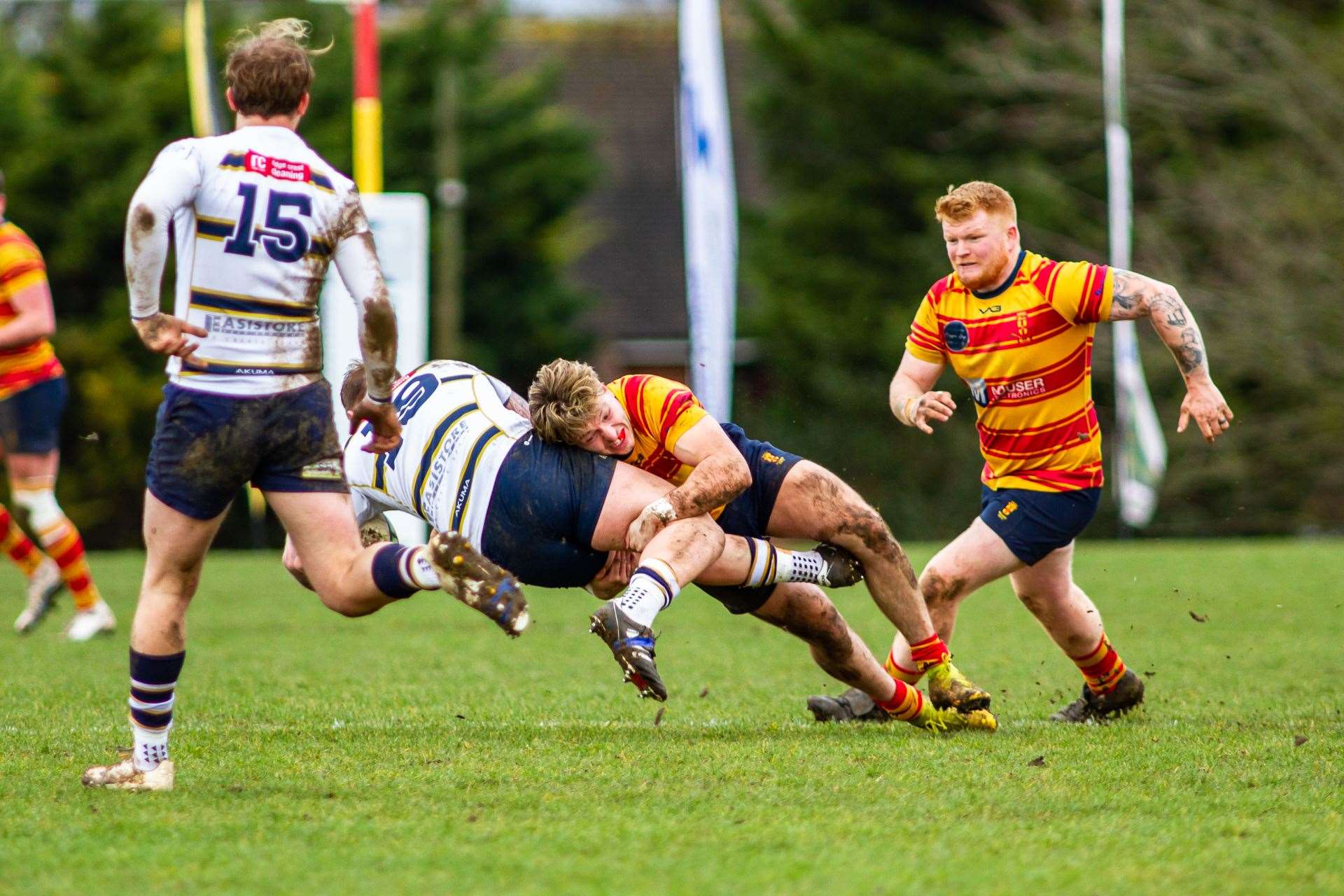 Medway's Alfie Orris making the tackle supported by Antony Clement