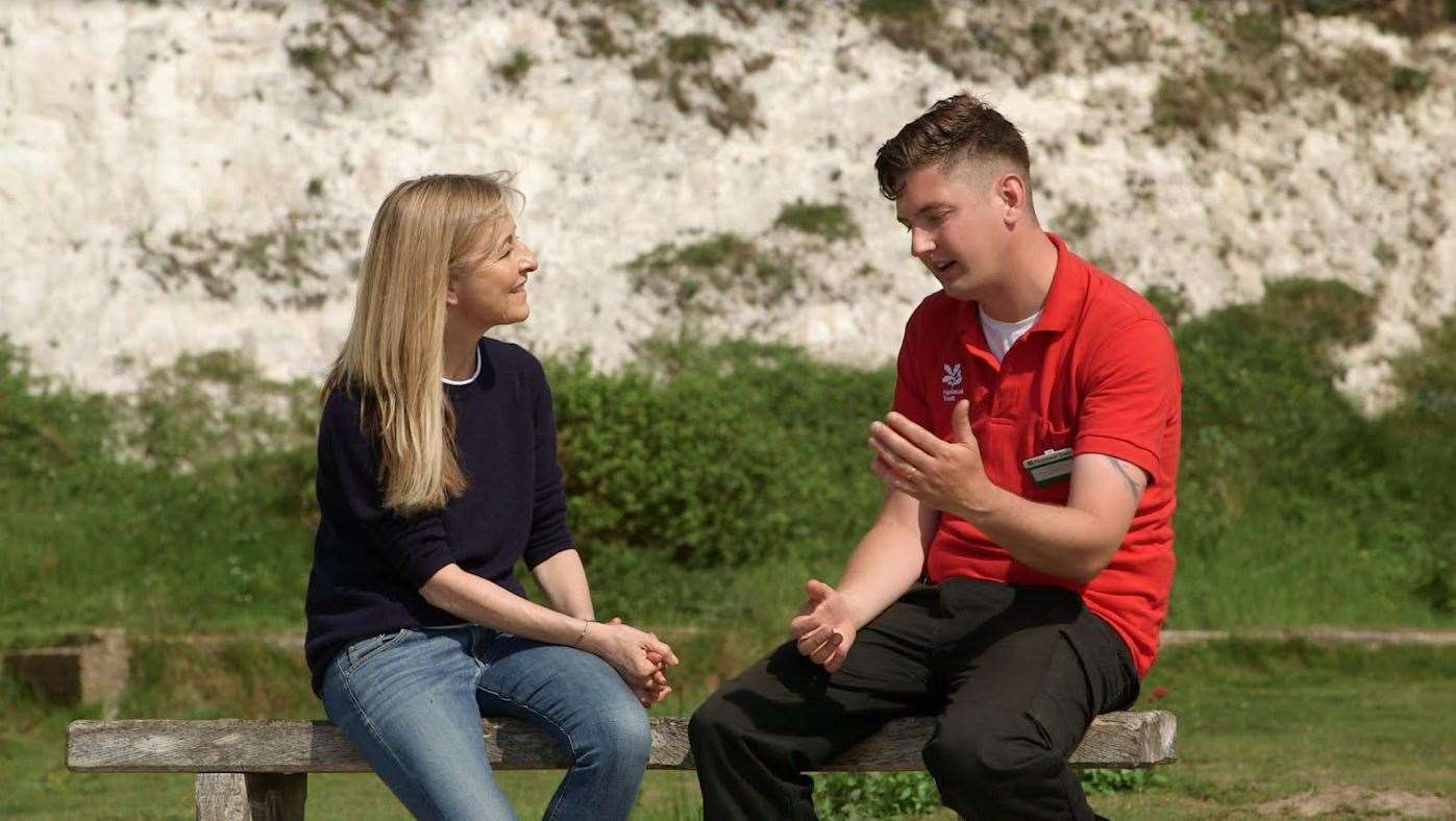 National Trust landscape engagement officer Chris Doolan with TV presenter Fiona Phillips at the bottom of the White Cliffs of Dover