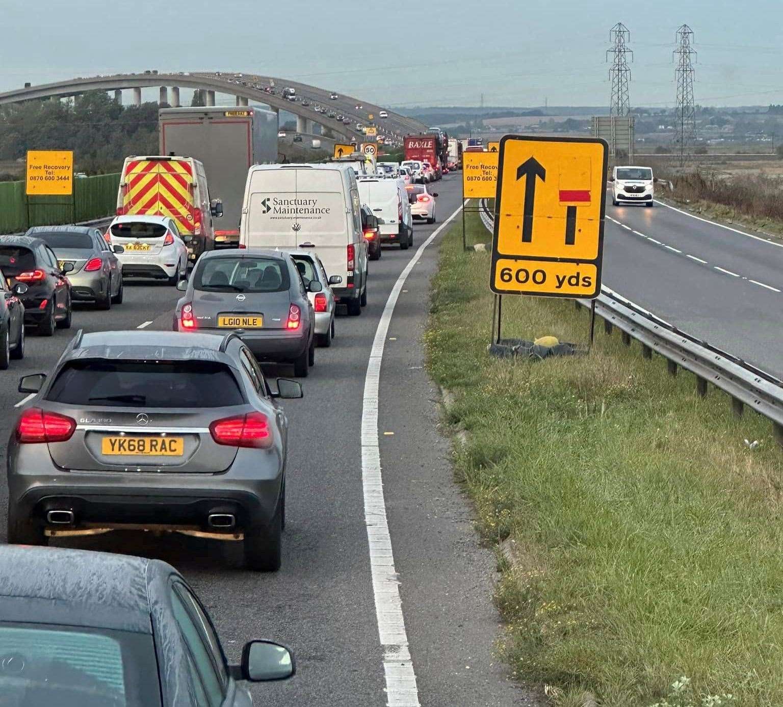 Traffic queuing towards the Sheppey Crossing. Picture: Dan Boyns