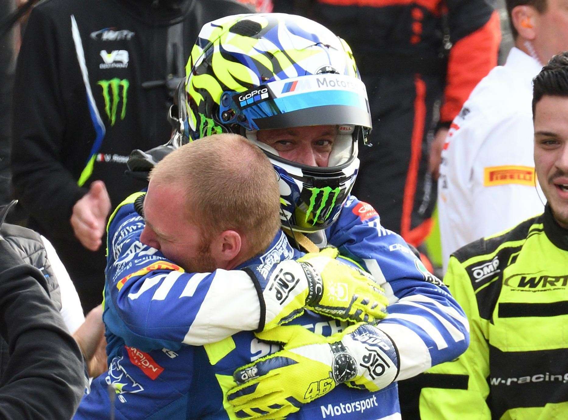 Rossi with team-mate Maxime Martin in the Brands Hatch pitlane. Picture: Simon Hildrew