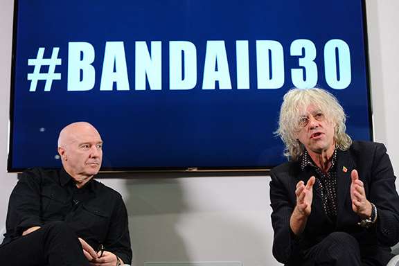 Midge Ure and Bob Geldof discuss the new Band Aid at a press conference. Picture: Yahoo