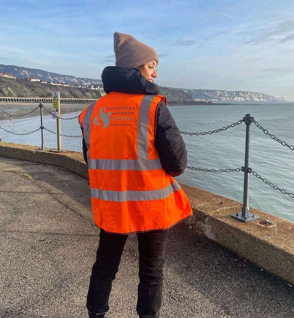 Rosie Percy investigating developments on Folkestone Harbour Arm. Pic: Instagram/@coolasfolke