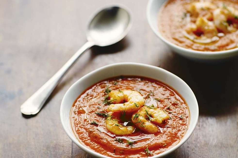 Gino's smooth fennel and tomato soup with prawns