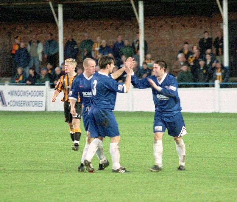 Margate celebrate in front of the old Coffin End after scoring in the home draw with Boston in December 2001 Picture: Mathew McArdle