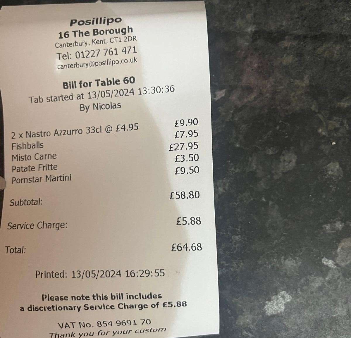 The receipt for the meal at Posillipo Canterbury