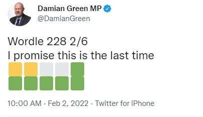 Damian Green MP has had a successful streak on Wordle. Picture: Twitter